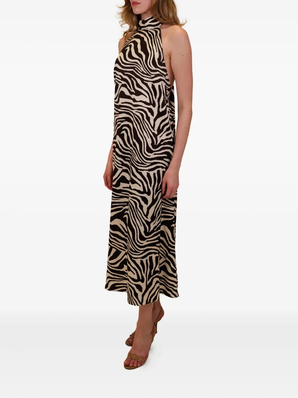 Azeeza Meera Zebra-pattern Halterneck Midi Dress In Black