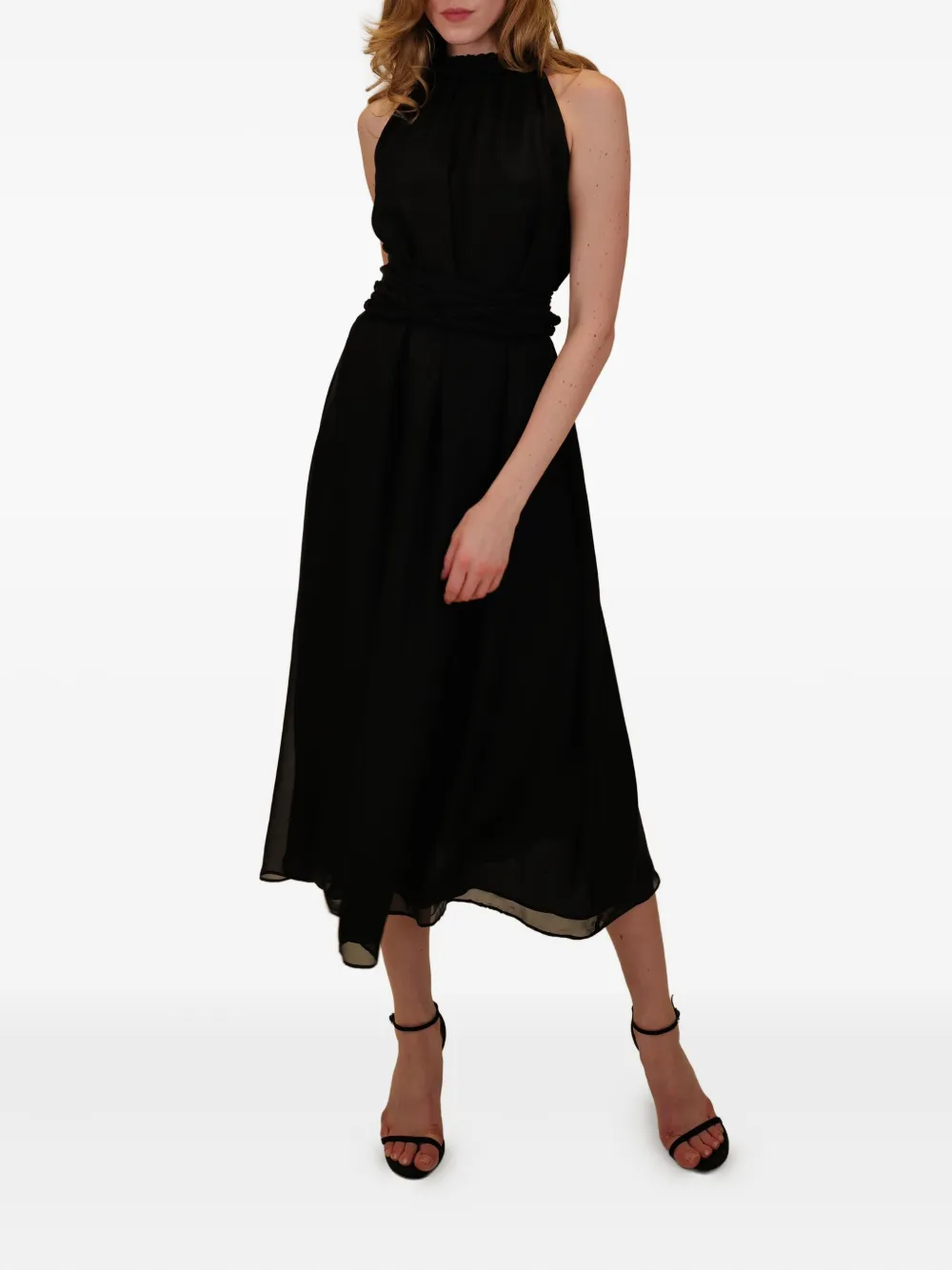AZEEZA Dany midi-jurk met hoge hals en gevlochten taille Zwart