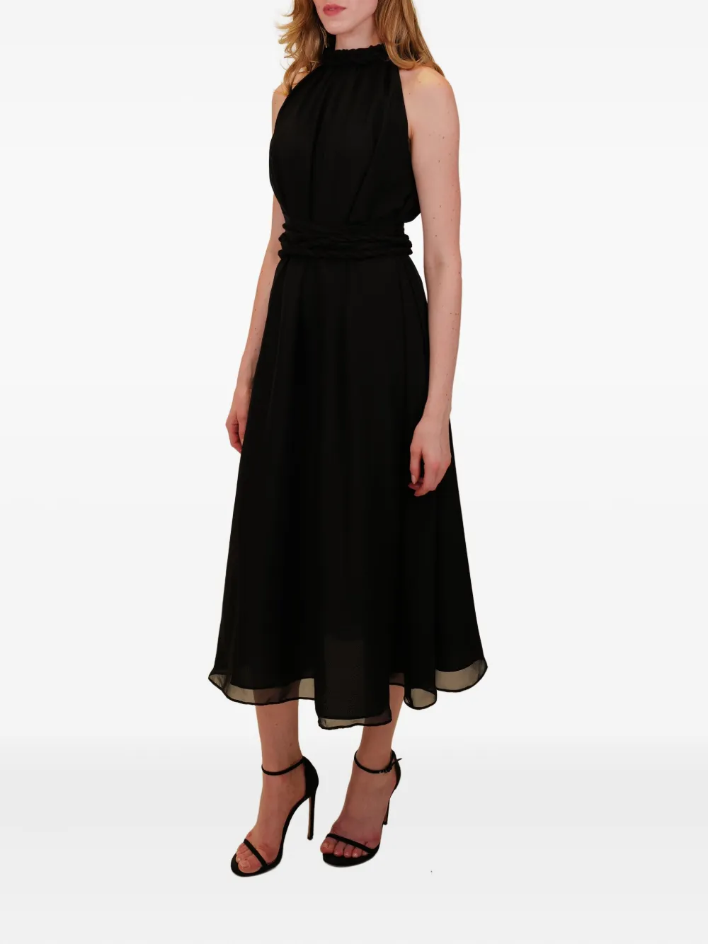 AZEEZA Dany midi-jurk met hoge hals en gevlochten taille Zwart