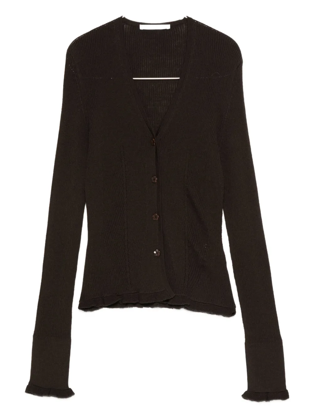 Cecilie Bahnsen Ribbed Ruffle-cuff Cardigan In Brown
