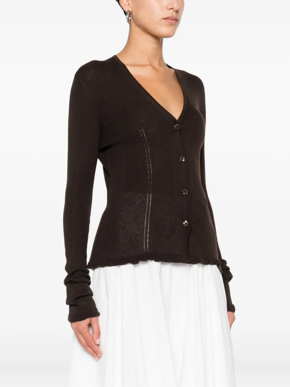 Cecilie Bahnsen Ribbed Ruffle-cuff Cardigan In Brown