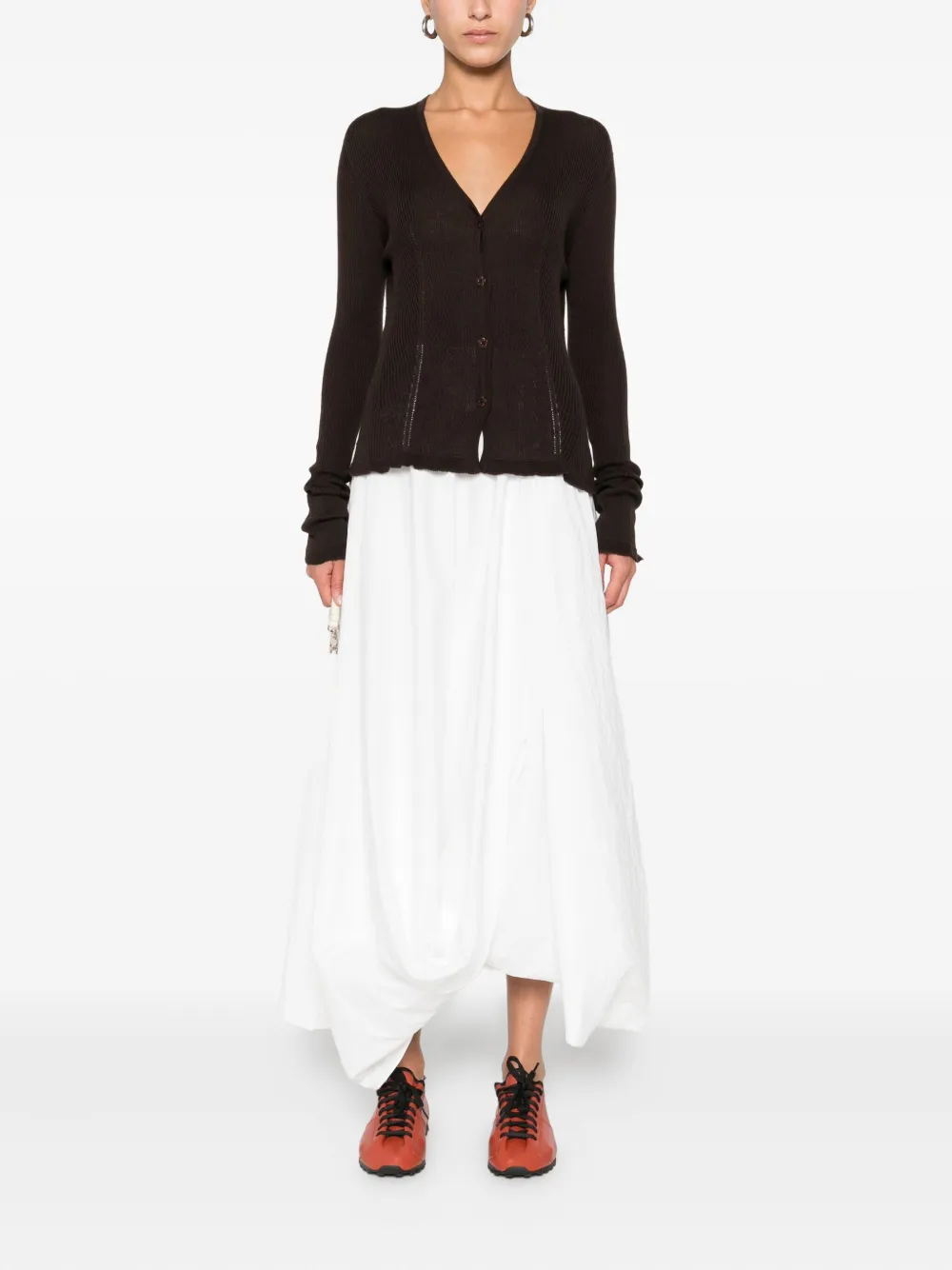 Cecilie Bahnsen Ribbed Ruffle-cuff Cardigan In Brown