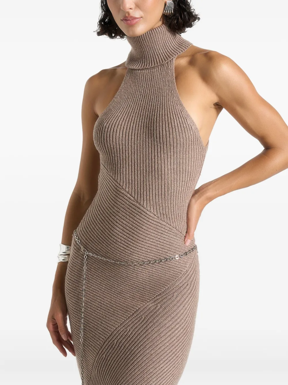 Manière De Voir Halter-neck Ribbed Knitted Midi Dress In Neutral