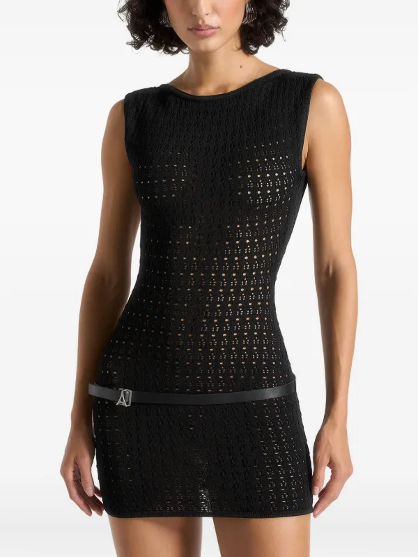 black pointelle mini dress Manière de Voir Pointelle Knit Mini Dress With Women Belt