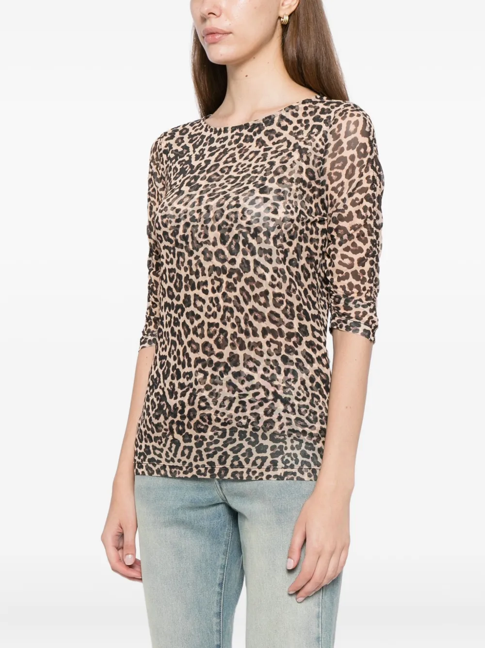 Johnny Was Ruched-sleeved Mesh Top In Animal Print