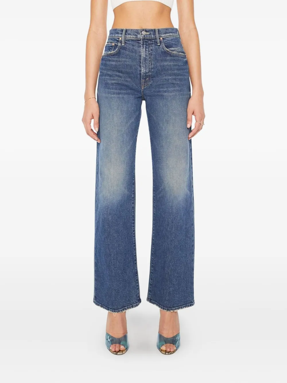 Mother The Lasso Sneak Distressed Jeans In Blue