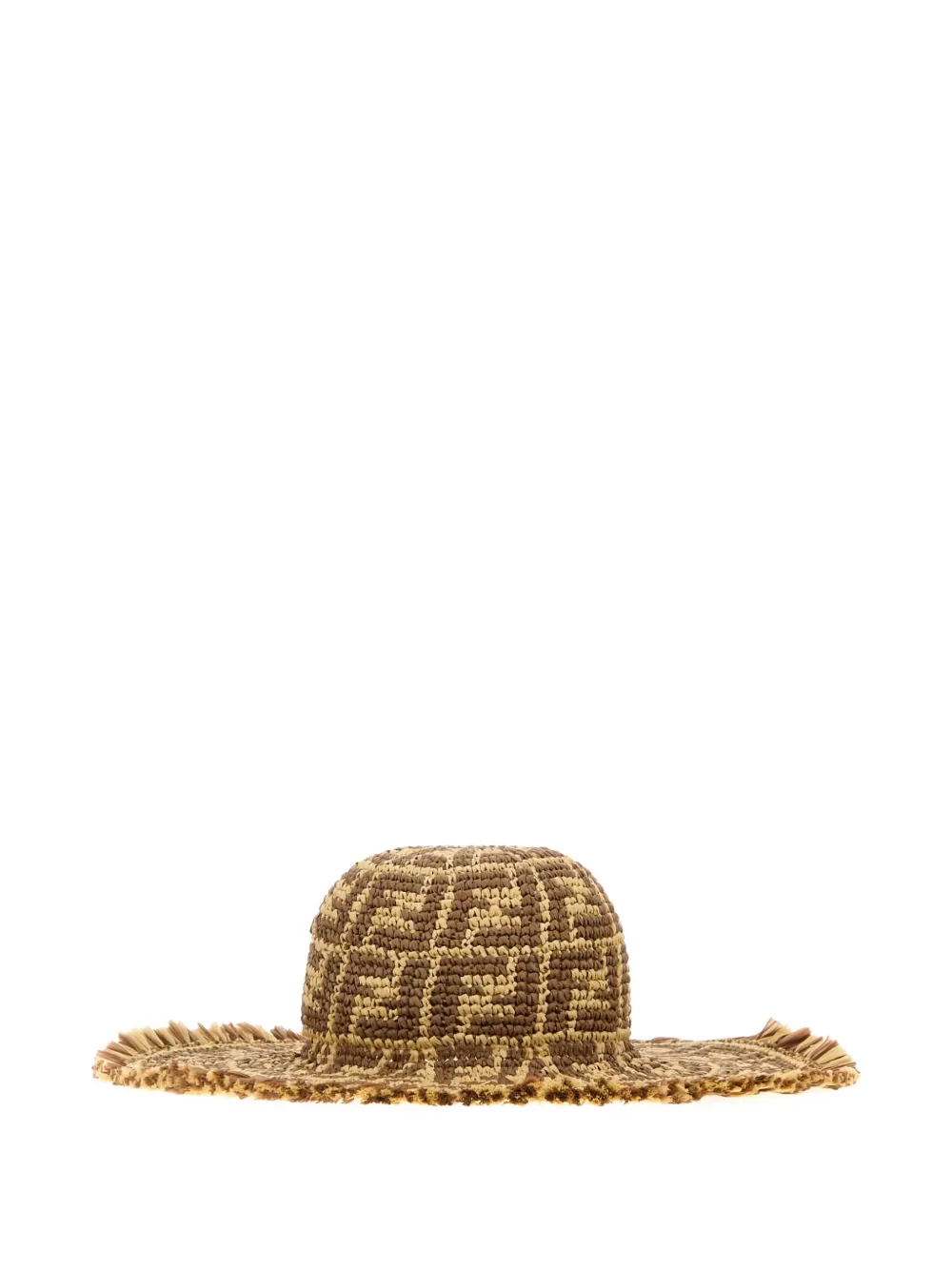 Fendi Ff-pattern Fringed Raffia Hat In Brown