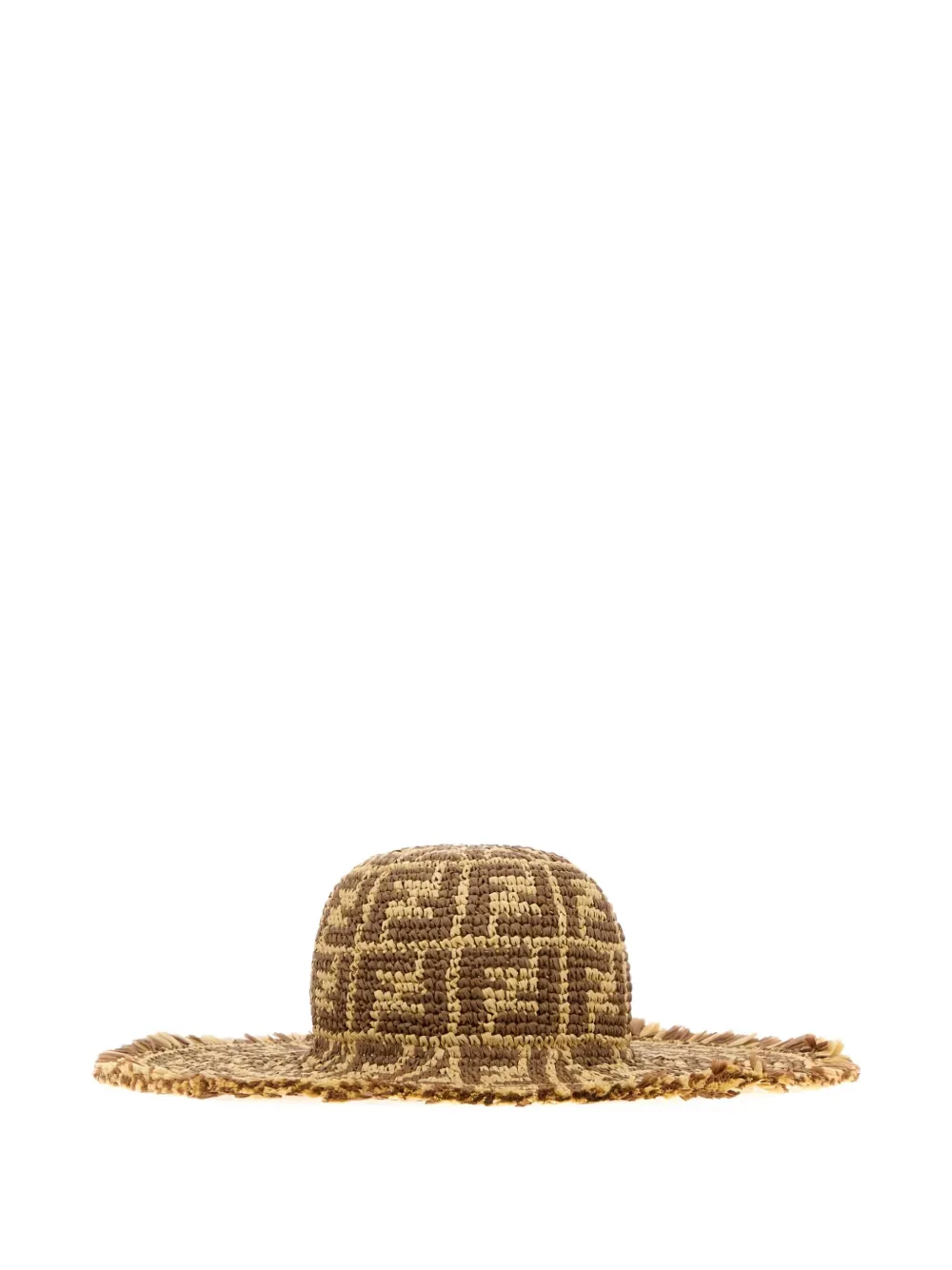 Fendi Ff-pattern Fringed Raffia Hat In Brown