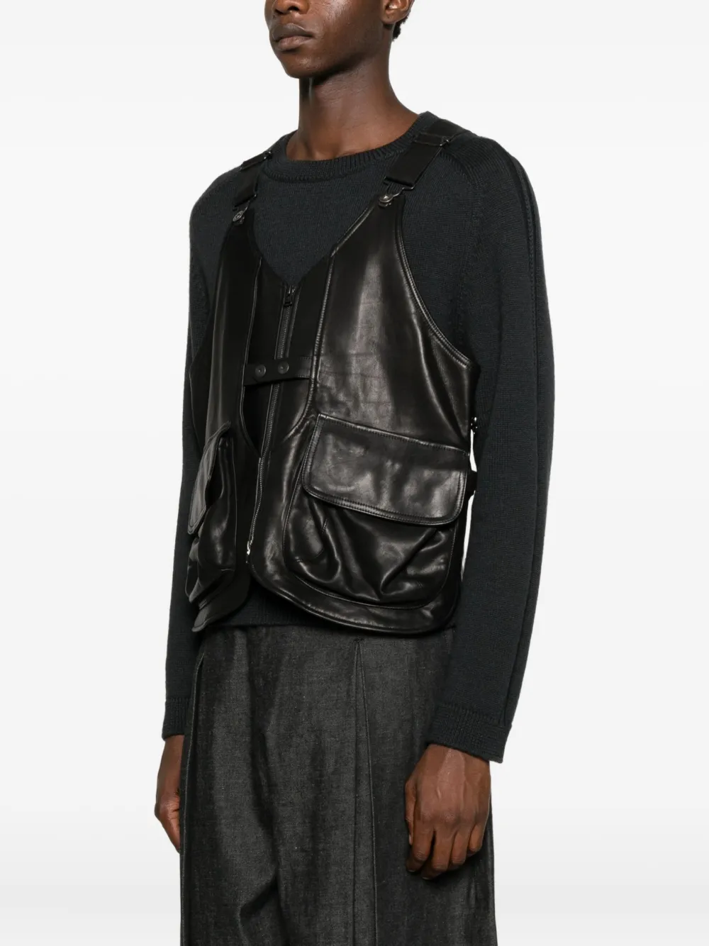 Yohji Yamamoto Leren gilet met zakken Zwart