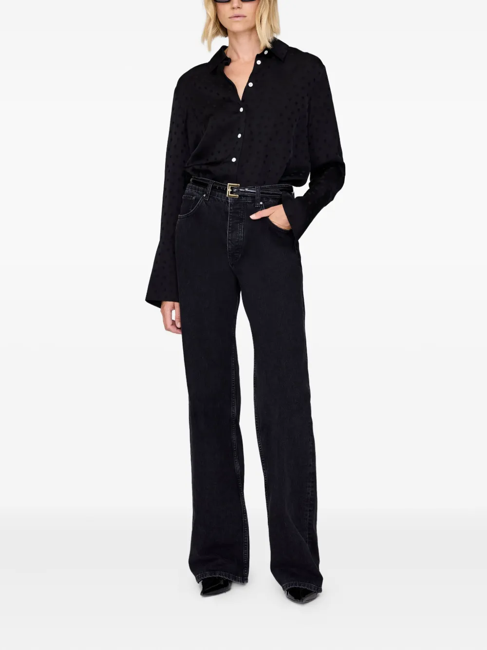 Anine Bing Amanda Dot Jacquard Blouse In Black