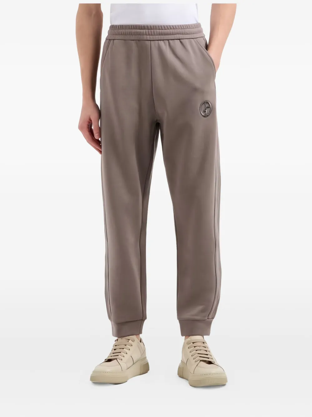 Giorgio Armani Cotton-cashmere Logo Embroidered Sweatpants In Neutral