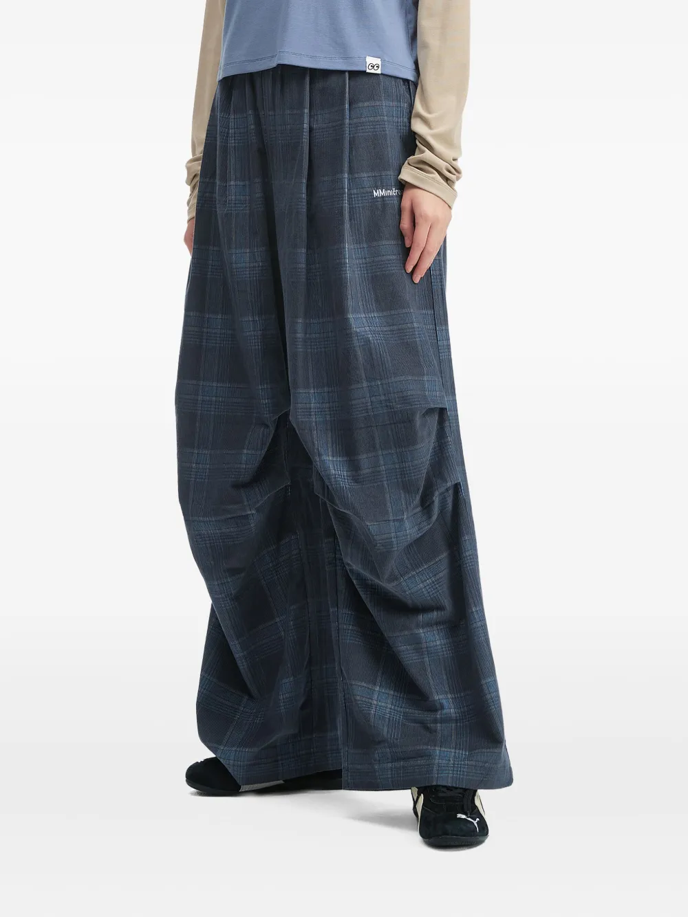 Mini Cream Elasticated-waist Checked Trousers In Blue