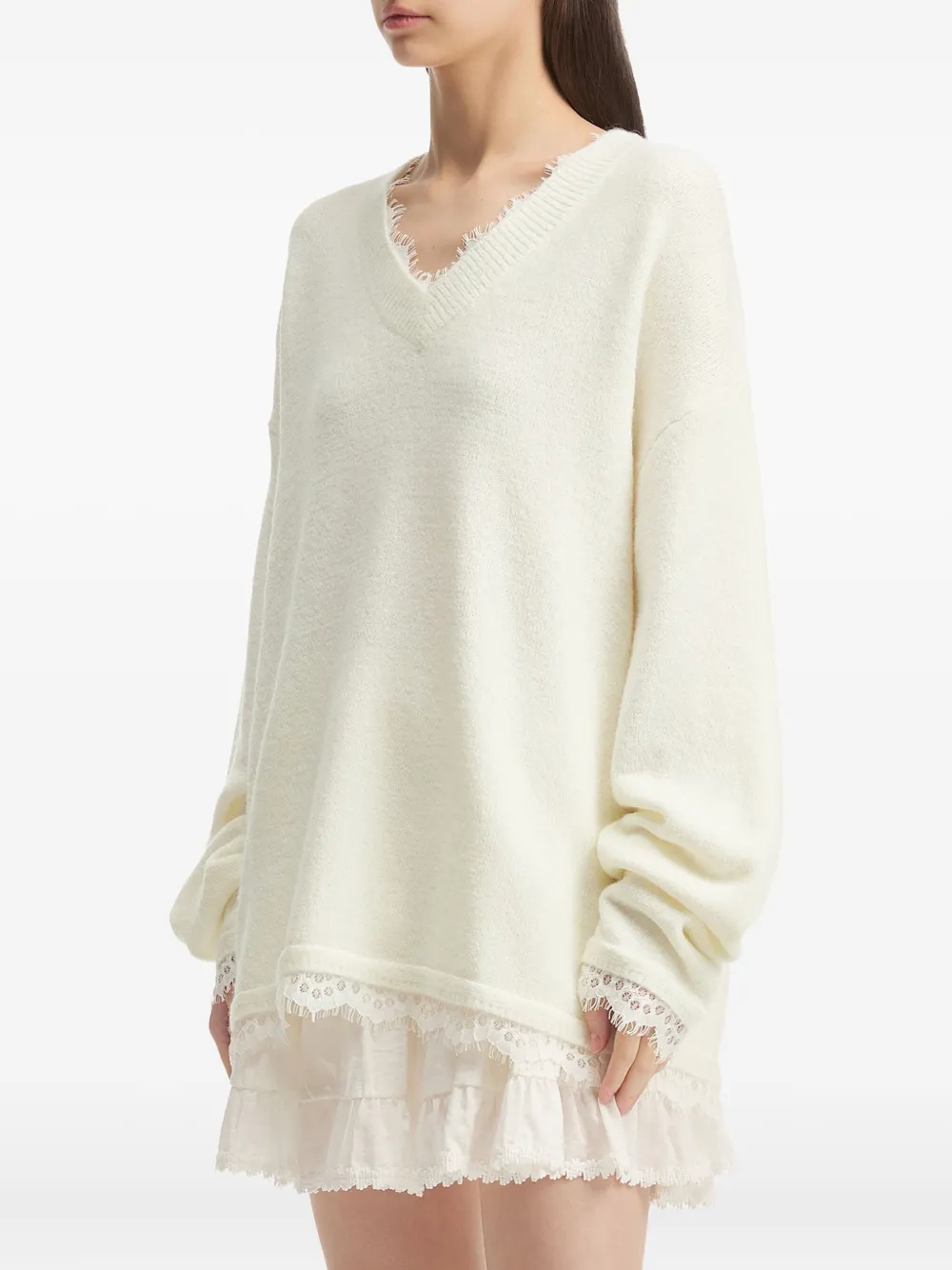tout a coup Trui met V-hals en kanten afwerking Wit