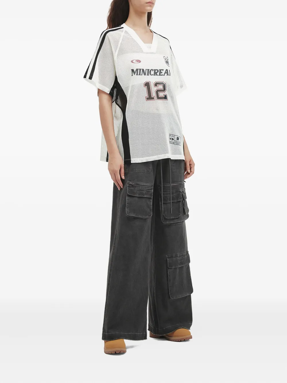 Mini Cream Multiple-pocket Wide-leg Trousers In Gray