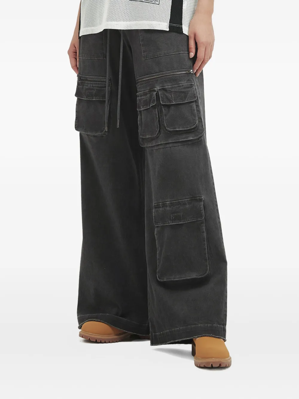 Mini Cream Multiple-pocket Wide-leg Trousers In Gray
