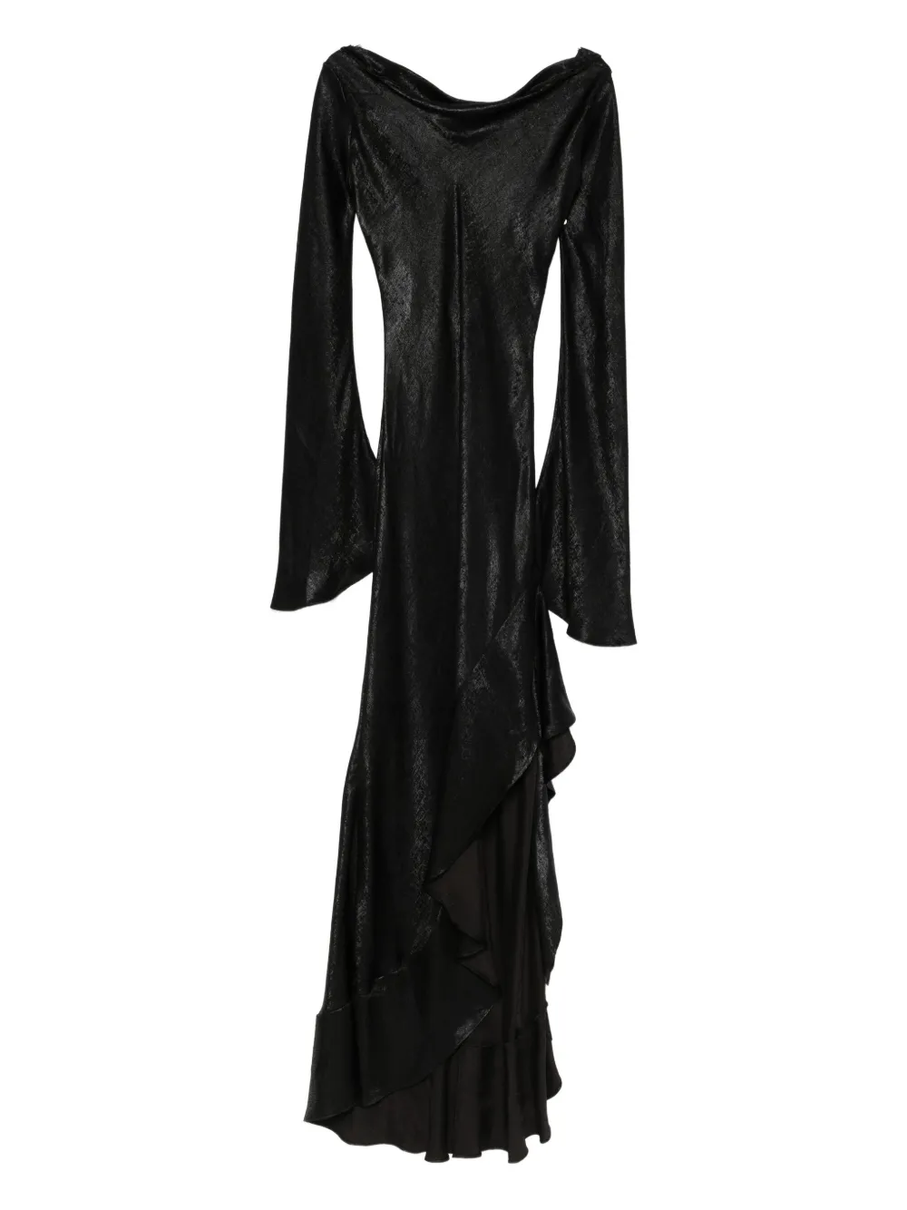 Miau By Clara Rotescu Ruffle-hem Long-sleeve Midi Dress In Black