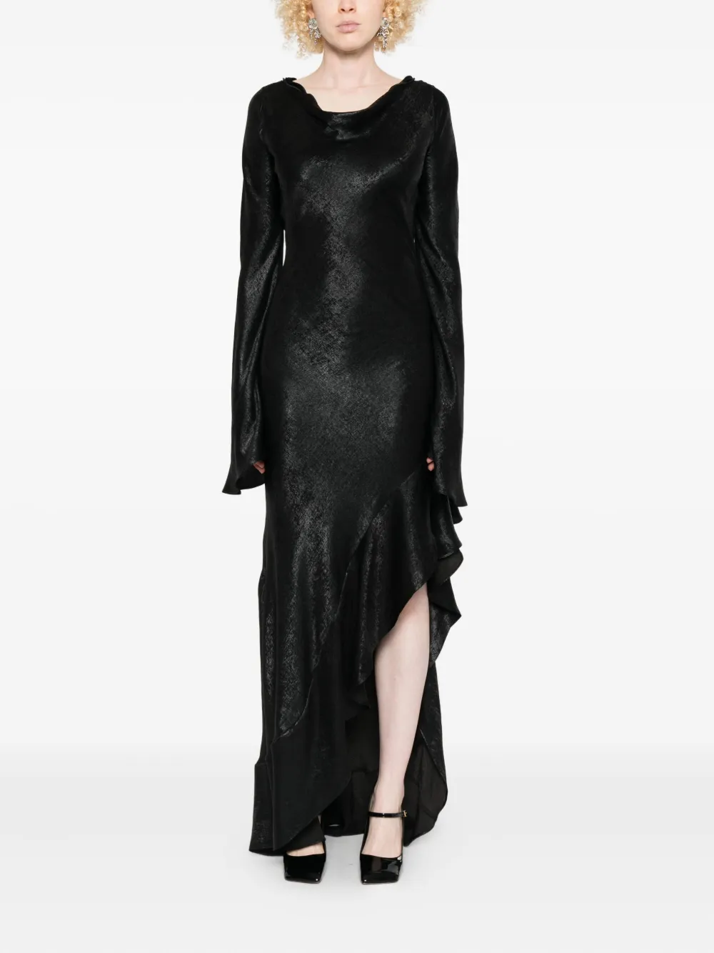 MIAU by Clara Rotescu Midi-jurk met ruches en lange mouwen - Zwart