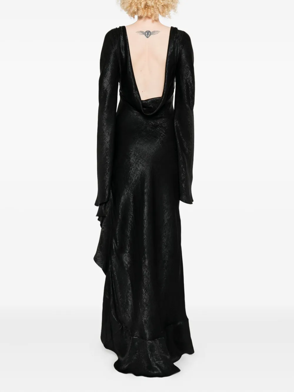 Miau By Clara Rotescu Ruffle-hem Long-sleeve Midi Dress In Black