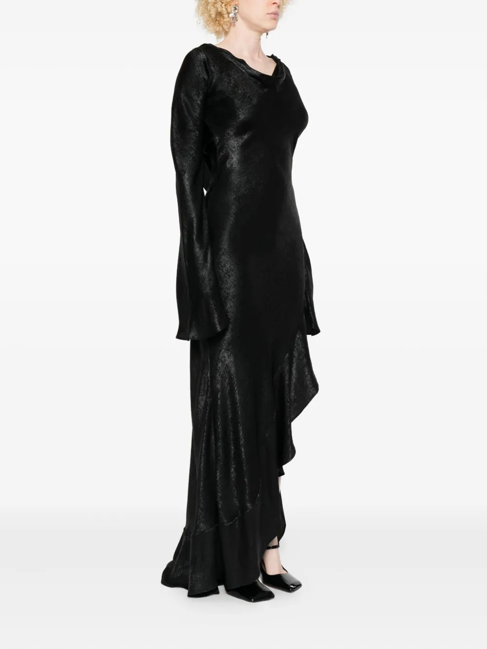 Miau By Clara Rotescu Ruffle-hem Long-sleeve Midi Dress In Black