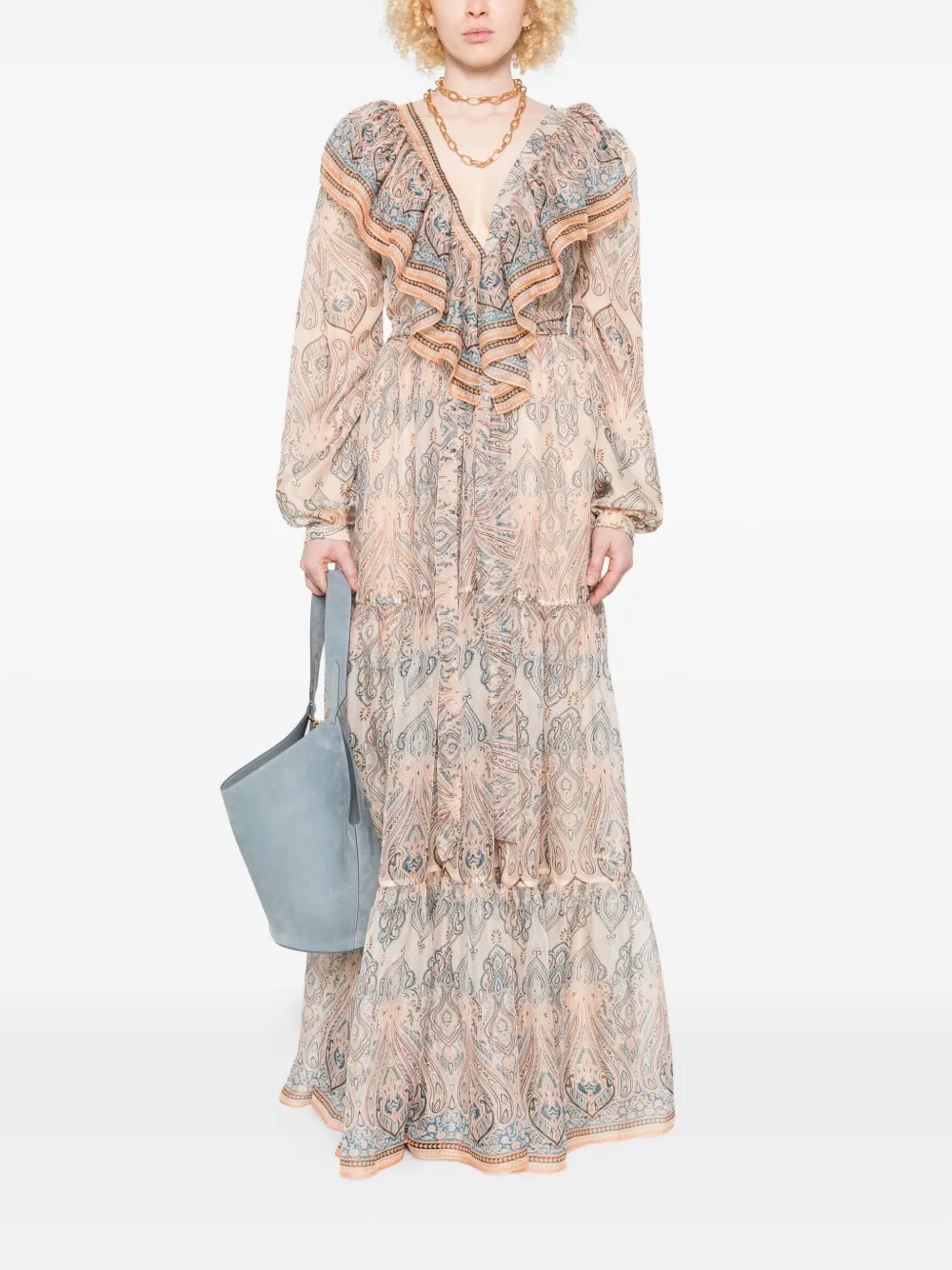 MIAU by Clara Rotescu Maxi-jurk met paisley-print en ruches - Beige