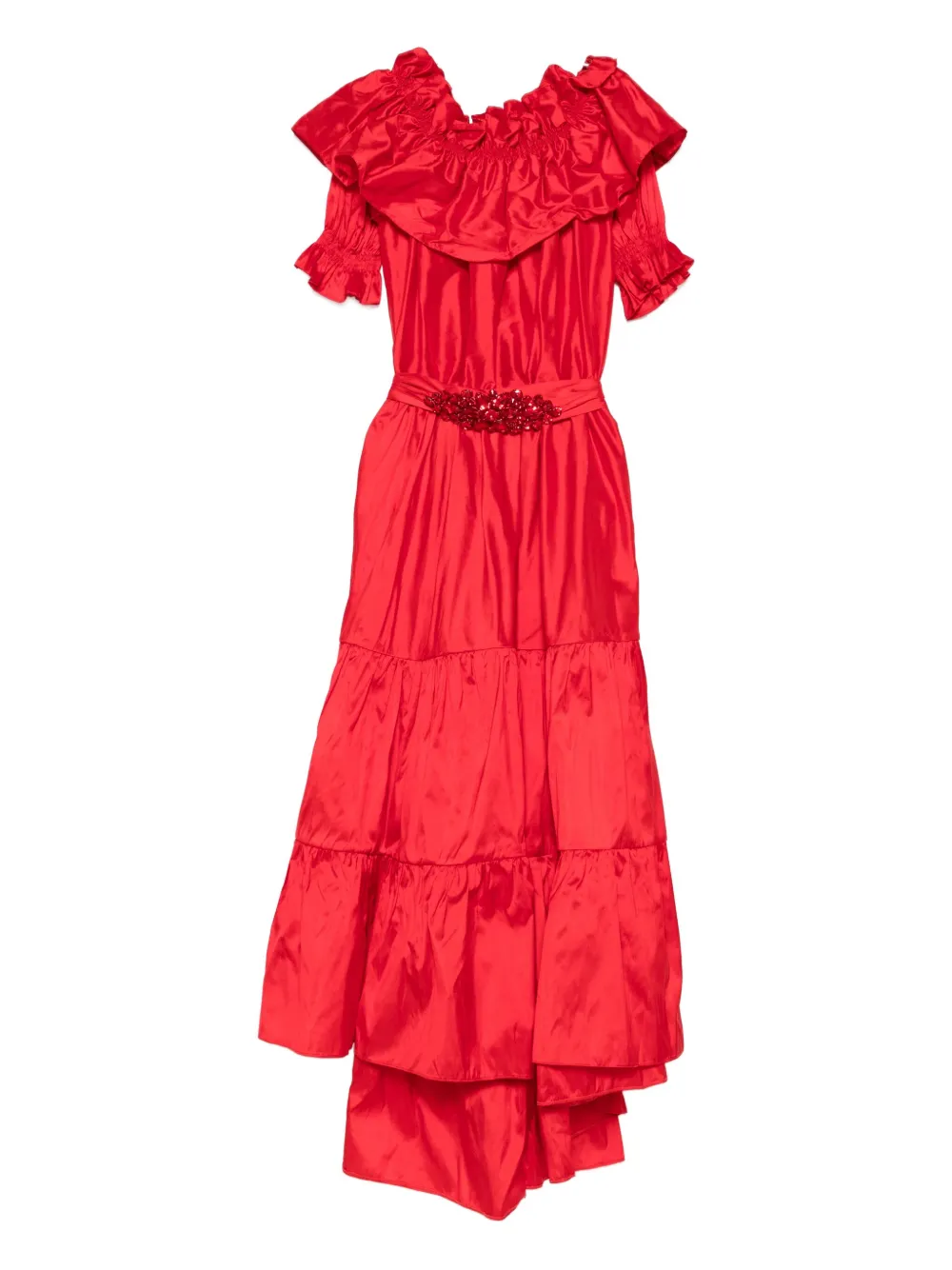 Miau By Clara Rotescu Embellished Tiered Asymetric Dress In Red