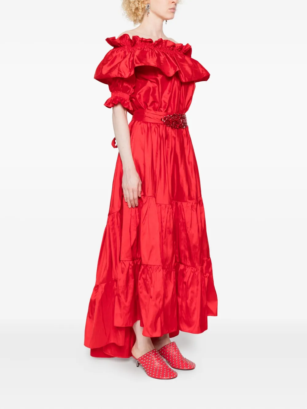 Miau By Clara Rotescu Embellished Tiered Asymetric Dress In Red