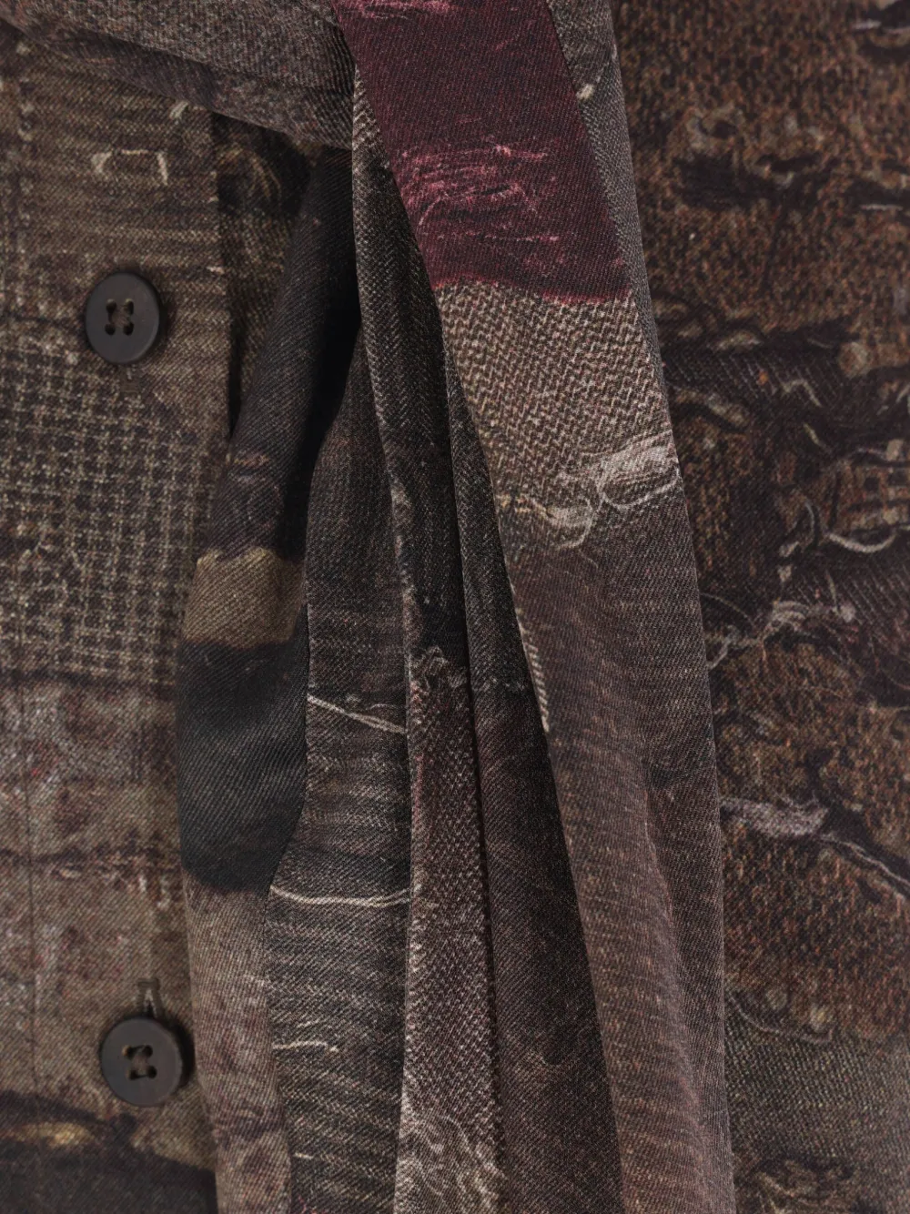Ziggy Chen Patchwork-print Tie-neck Shirt In Brown
