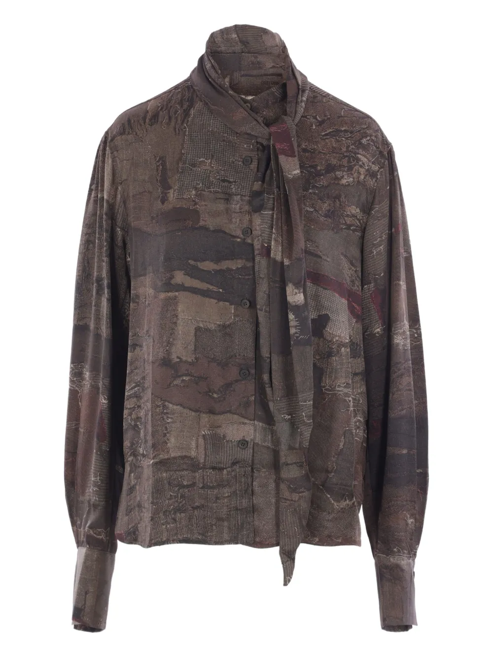 Ziggy Chen Patchwork-print Tie-neck Shirt In Brown