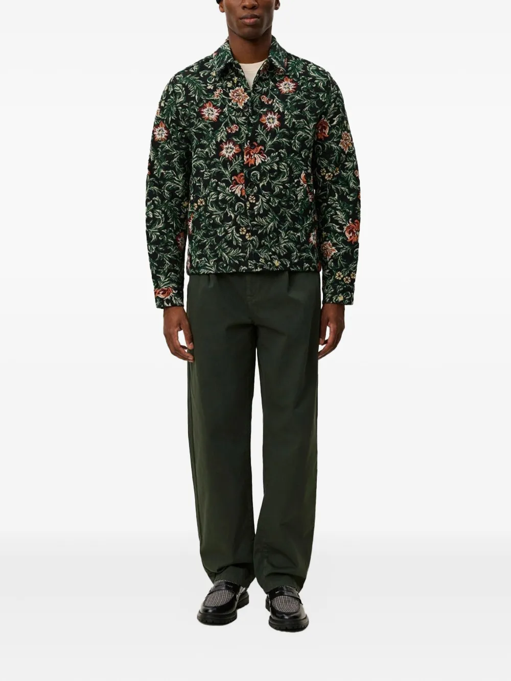 Les Deux Jaiden Floral-jacquard Shirt Jacket In Green