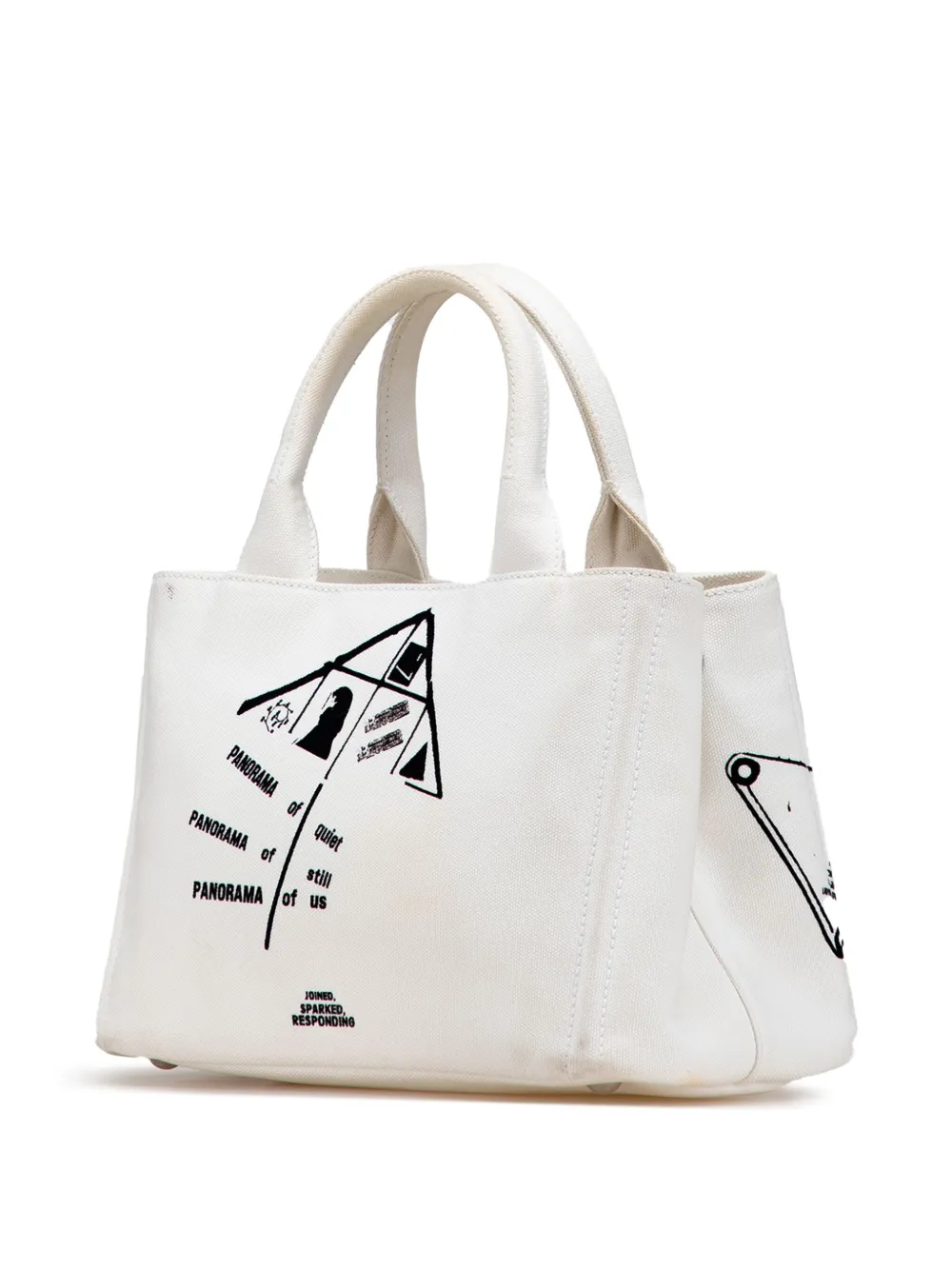 Pre-owned Prada 2013-2025 Small Canvas Canapa Floral And Symbols Satchel In White