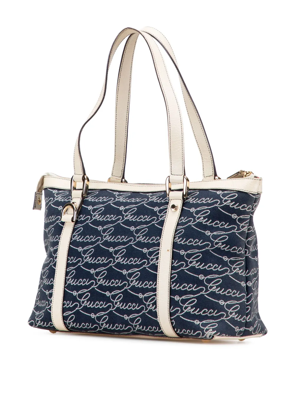 Pre-owned Gucci 2000-2015 85th Anniversary Canvas Logo Abbey D Ring Tote Bag In Blue