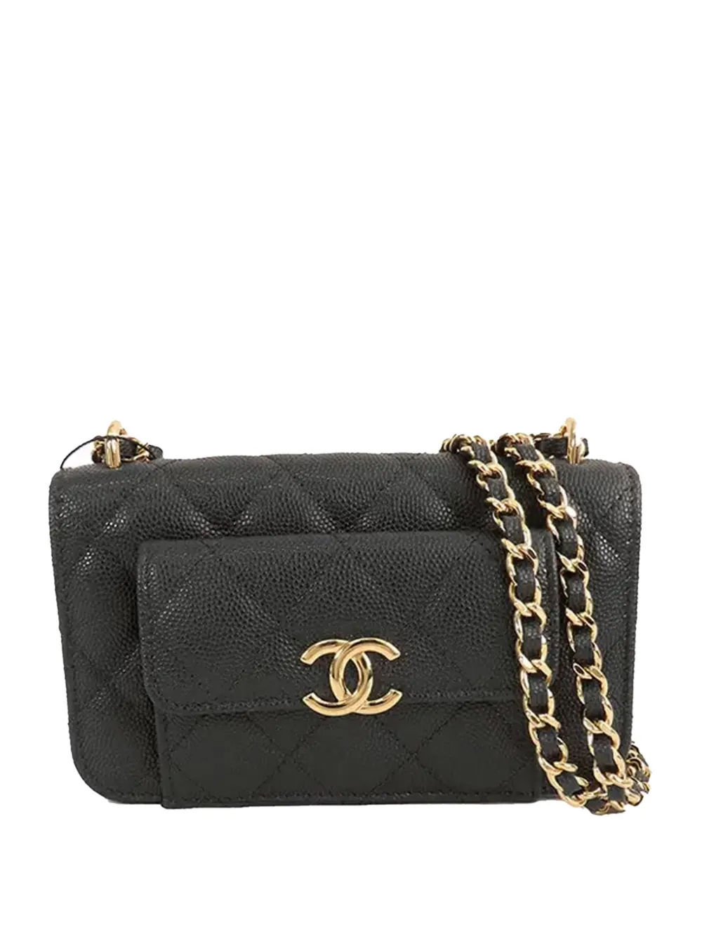 Pre-owned Chanel 2021-2025 Cc Quilted Caviar Pocket Twins Clutch With Chain Crossbody Bag In Black