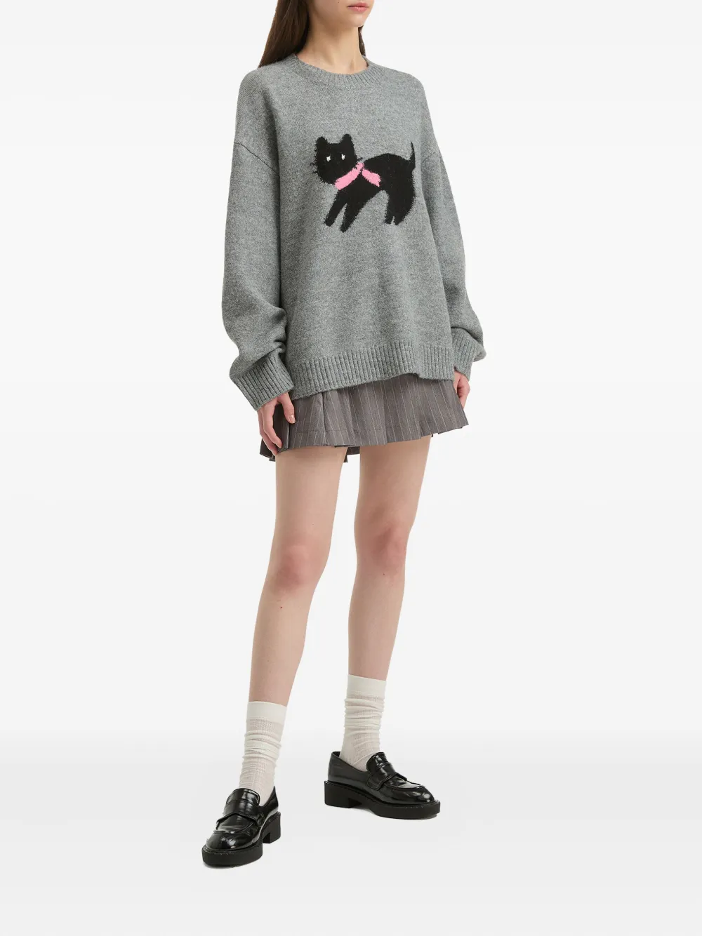 Tout A Coup Cat-embellishment Crew-neck Sweater In Gray