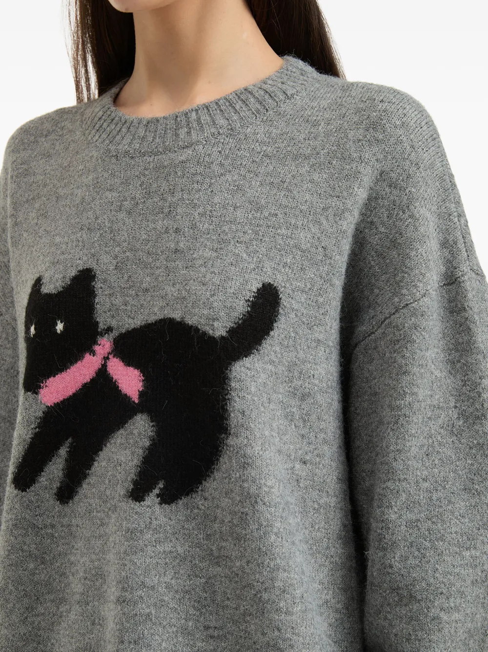 Tout A Coup Cat-embellishment Crew-neck Sweater In Gray