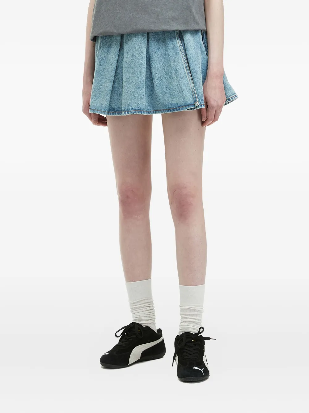 Mini Cream Pleated Denim Mini Skirt In Multi