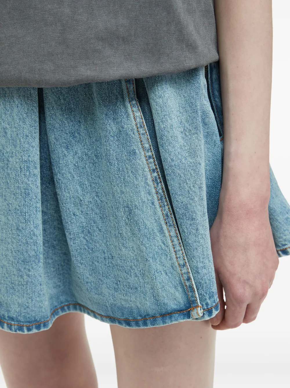 Mini Cream Pleated Denim Mini Skirt In Multi