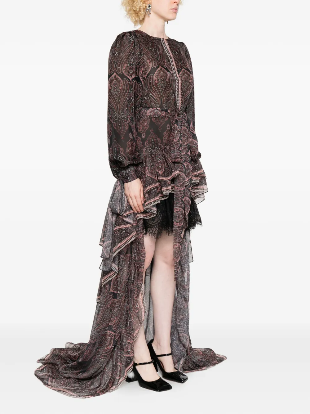 Miau By Clara Rotescu Paisley-print Ruffle-hem Asymmetric Dress In Brown