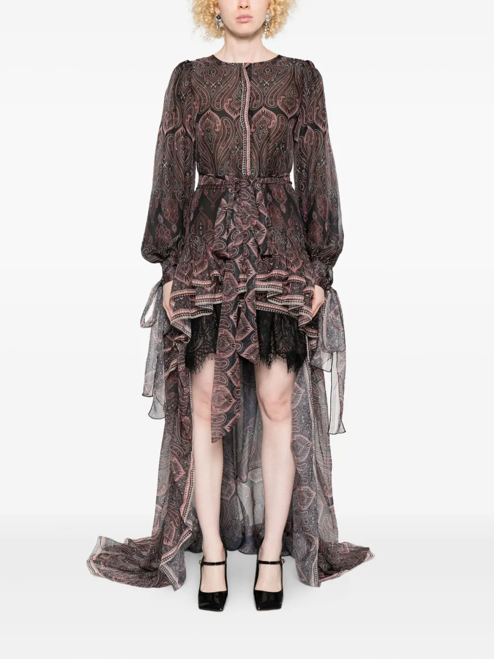 MIAU by Clara Rotescu Asymmetrische jurk met paisley-print en ruches - Zwart