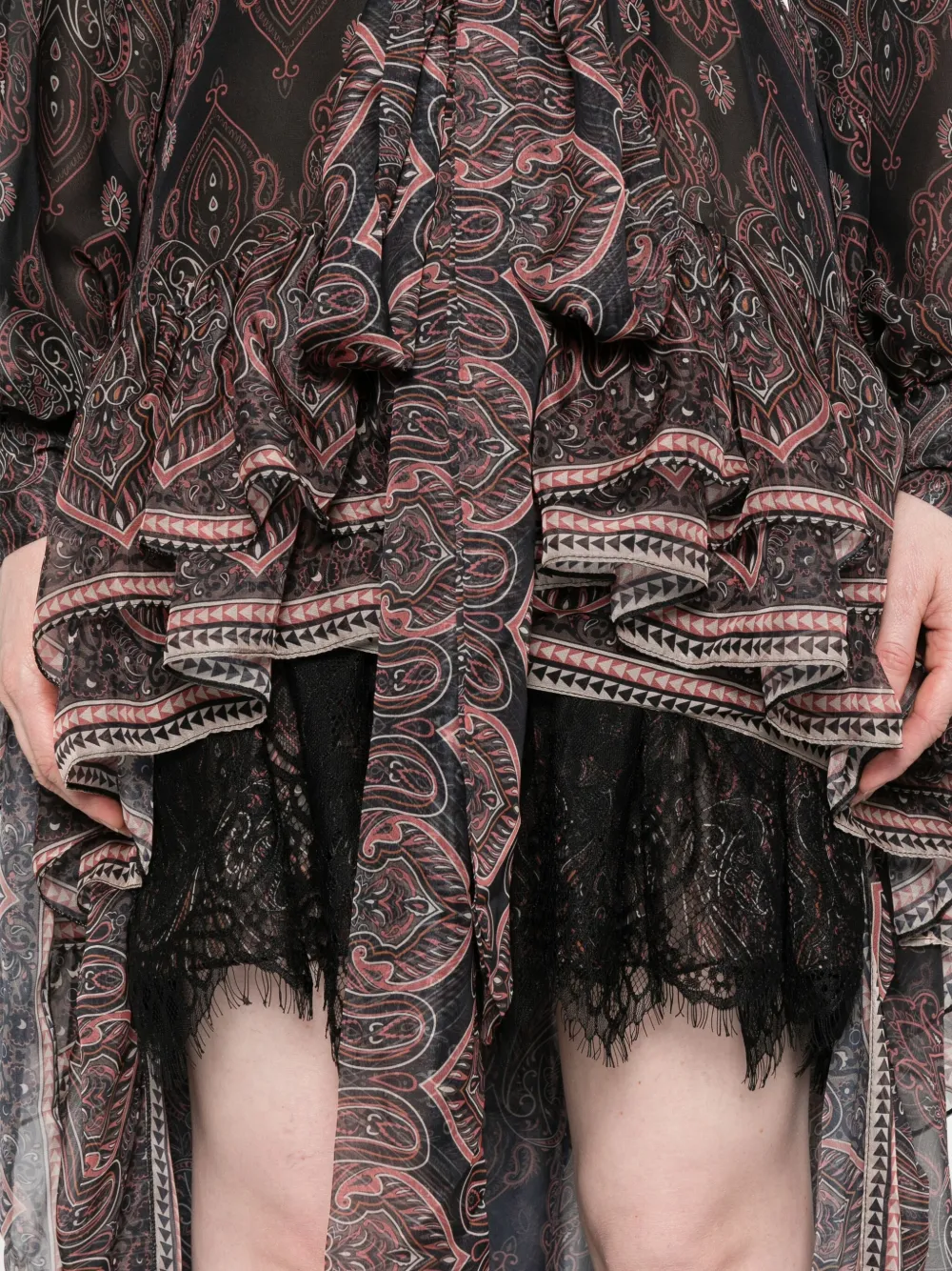 Miau By Clara Rotescu Paisley-print Ruffle-hem Asymmetric Dress In Brown