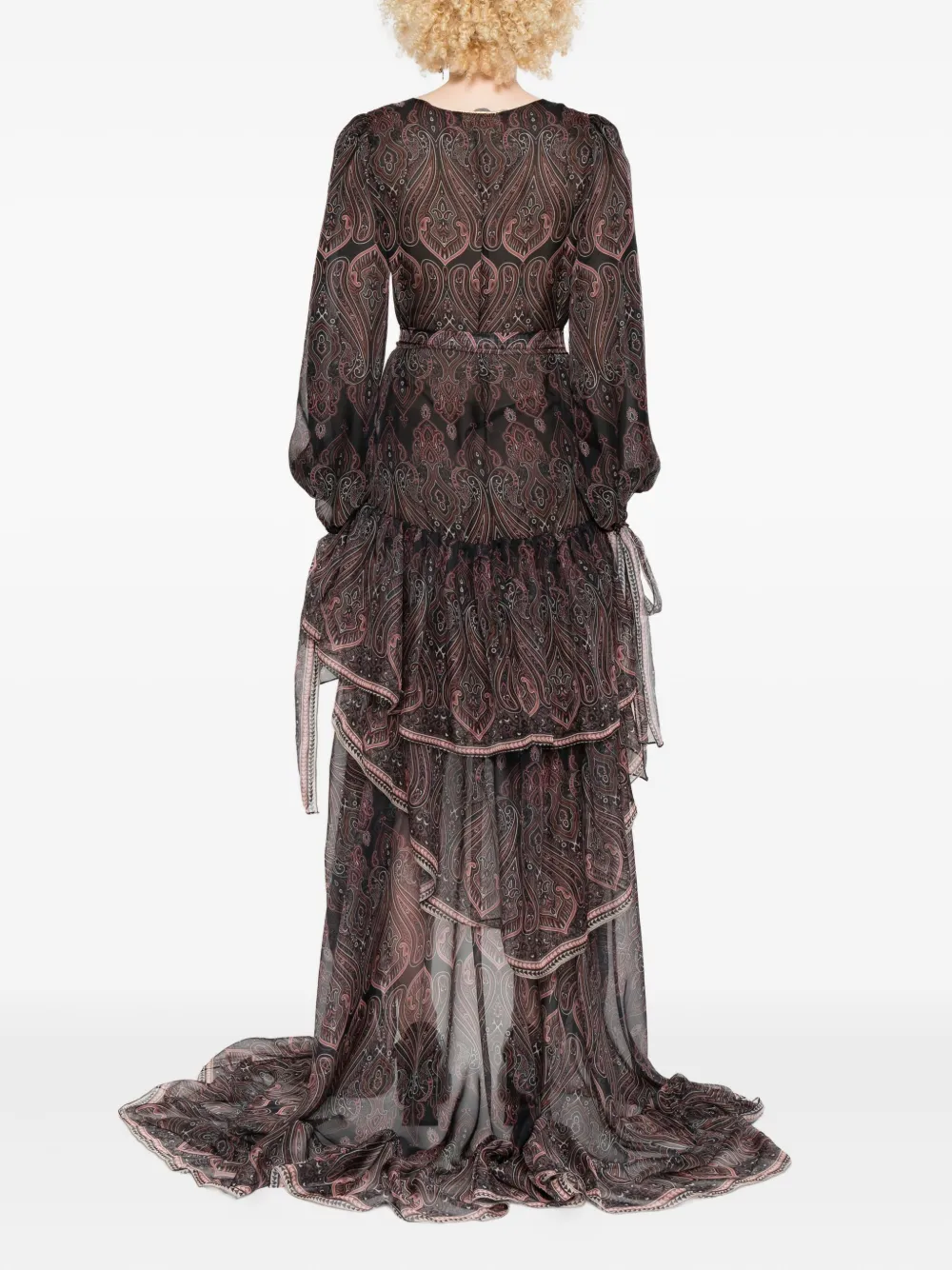 Miau By Clara Rotescu Paisley-print Ruffle-hem Asymmetric Dress In Brown