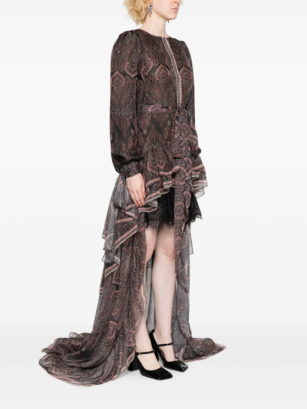 MIAU by Clara Rotescu Asymmetrische jurk met paisley-print en ruches Zwart