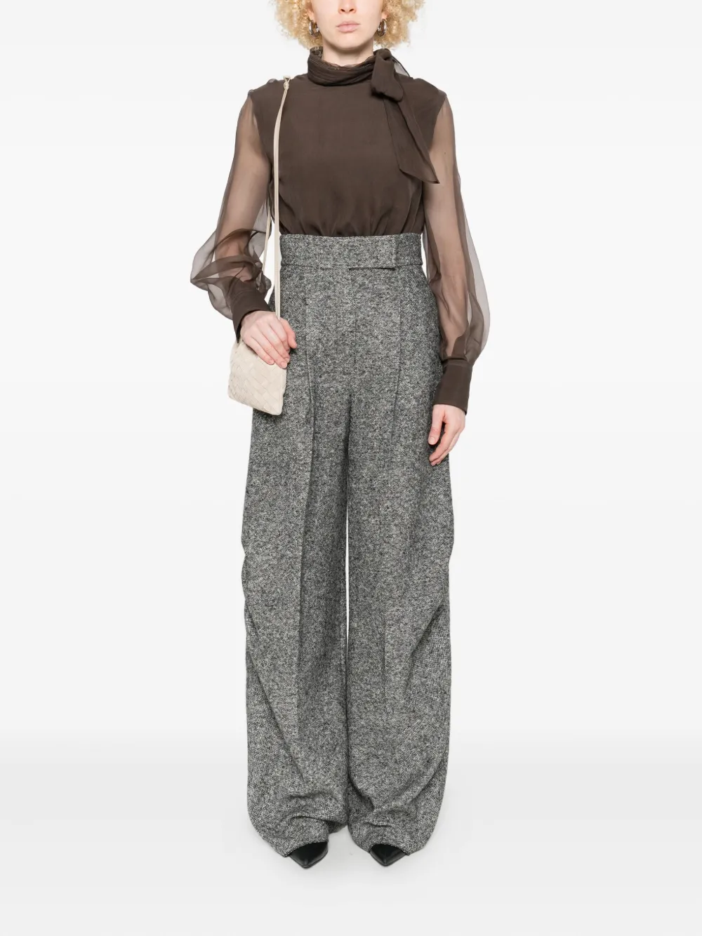 Brunello Cucinelli Embellished Tie-neck Blouse In Brown