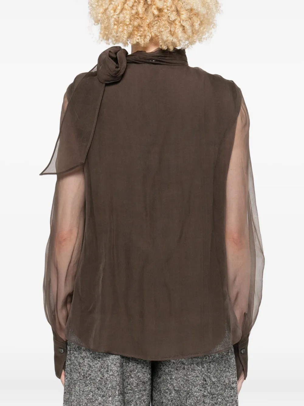 Brunello Cucinelli Embellished Tie-neck Blouse In Brown