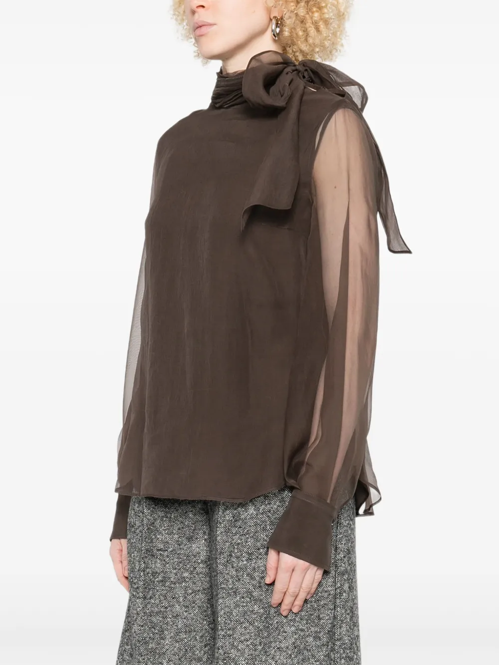 Brunello Cucinelli Embellished Tie-neck Blouse In Brown