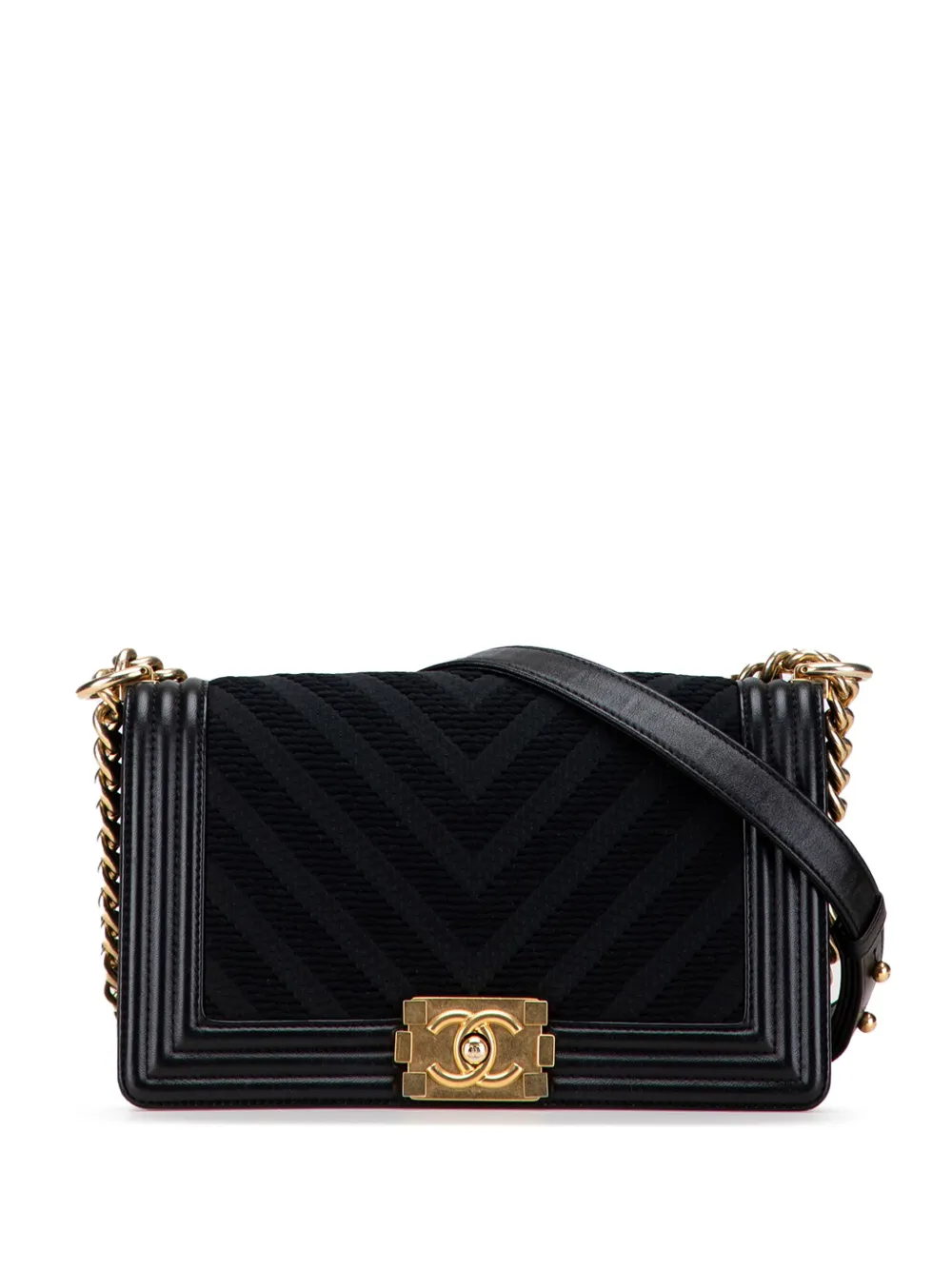 Pre-owned Chanel 2016-2017 Old Medium Braided Chevron Cotton And Lambskin Boy Flap Crossbody Bag In Black