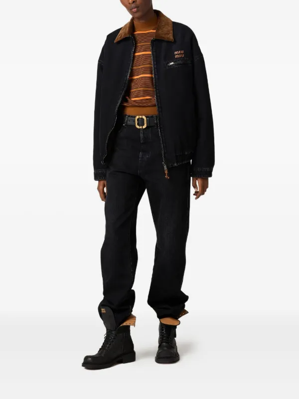 Miu Miu contrast-collar Logo Blouson Jacket | Black | FARFETCH