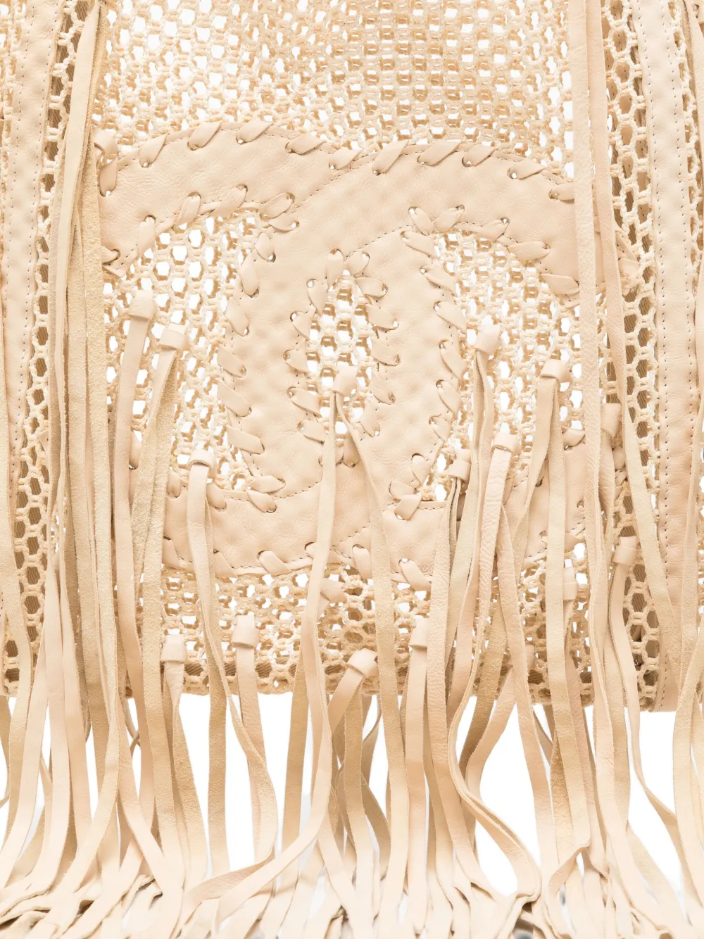 Pre-owned Chanel Resort 2011 Fringe Crochet Woven Mesh Large Leather Tote In Sand