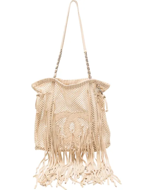 CHANEL Pre-Owned Resort 2011 Fringe Crochet Woven Mesh Large Leather Tote