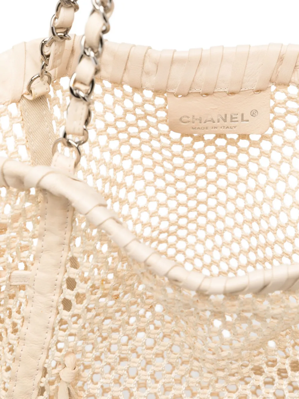 Pre-owned Chanel Resort 2011 Fringe Crochet Woven Mesh Large Leather Tote In Sand
