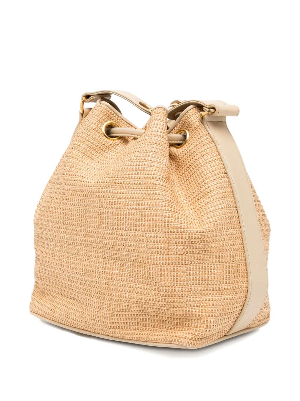 CHANEL Pre-owned 1992 Raffia Straw Jute Gold Cc Balls Drawstring Bucket Bag In Neutral